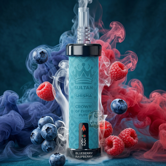 SultanShisha100000pulls2mgBlueberryRaspberry, Blue electronic device with smoke and berries on a dark background