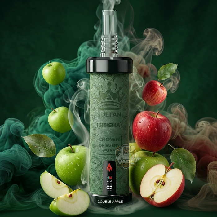SultanShisha100000pulls2mgDoubleApple, Sultan Shisha vape device with apples and smoke on a dark background