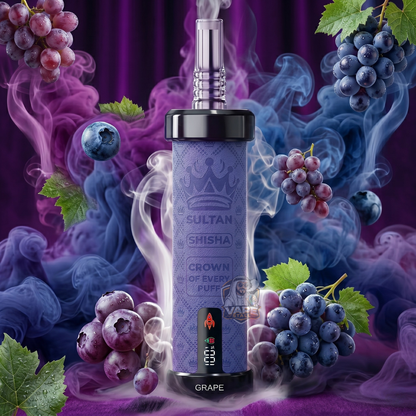 SultanShisha100000pulls2mgGrape, Sultan Shisha grape flavor shisha pen surrounded by grapes and blueberries on a dark background