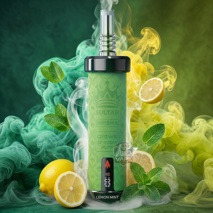 SultanShisha100000pulls2mgLemonMint, Green vape device with lemon and mint leaves on a green background