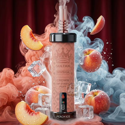 SultanShisha100000pulls2mgPeaceIce, Sultan Shisha peach ice shisha pen with peaches and ice cubes on a colorful background