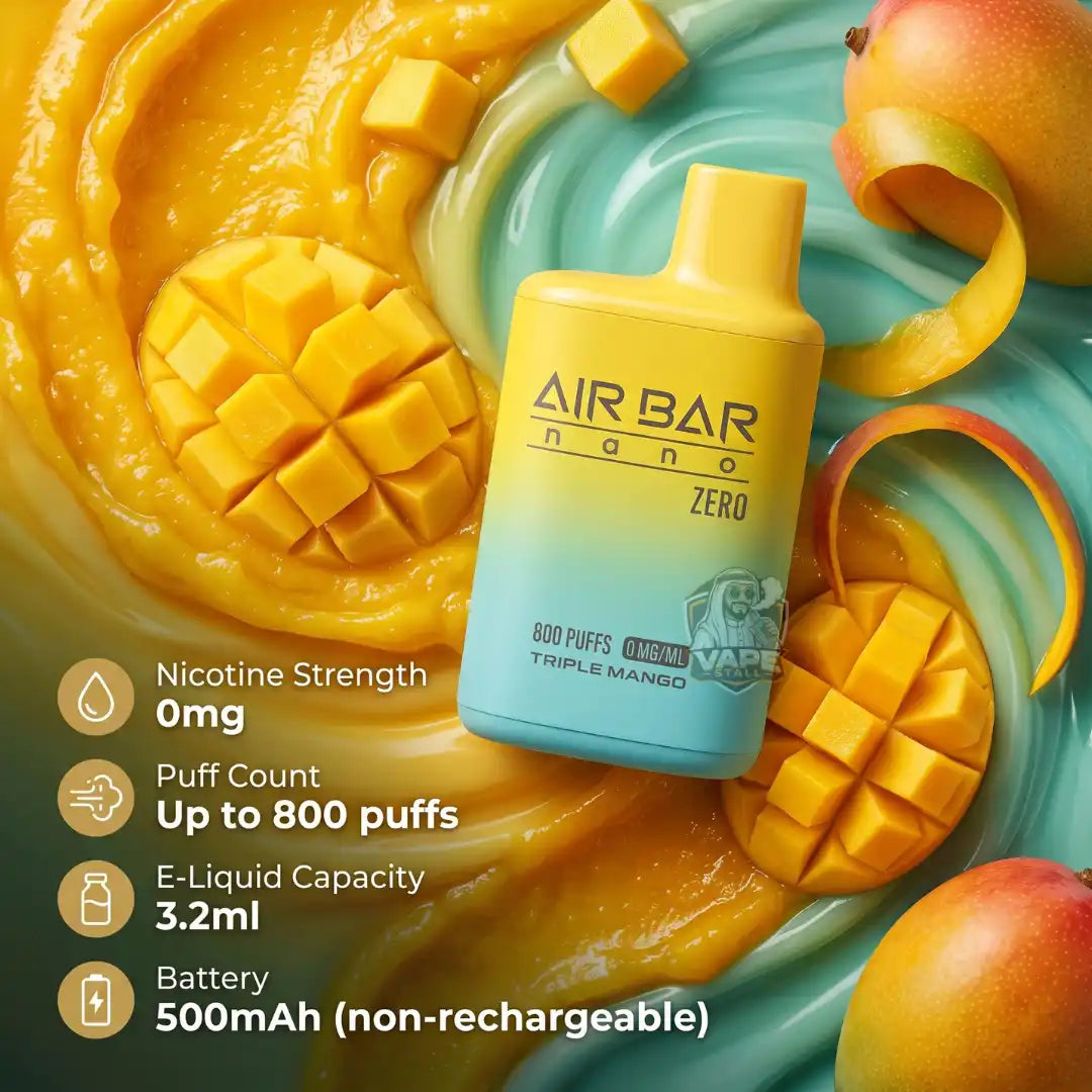 Air Bar Nano Zero e-liquid bottle in Triple Mango flavor, featuring a yellow-to-light-blue gradient design. The bottle is surrounded by fresh mango slices, peeled mango flesh, and mango peels, with product specifications listed on the left side.