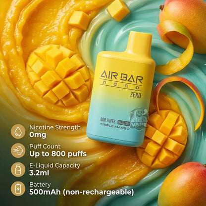 Air Bar Nano Zero e-liquid bottle in Triple Mango flavor, featuring a yellow-to-light-blue gradient design. The bottle is surrounded by fresh mango slices, peeled mango flesh, and mango peels, with product specifications listed on the left side.
