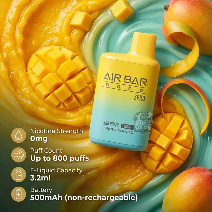 Air Bar Nano Zero e-liquid bottle in Triple Mango flavor, featuring a yellow-to-light-blue gradient design. The bottle is surrounded by fresh mango slices, peeled mango flesh, and mango peels, with product specifications listed on the left side.