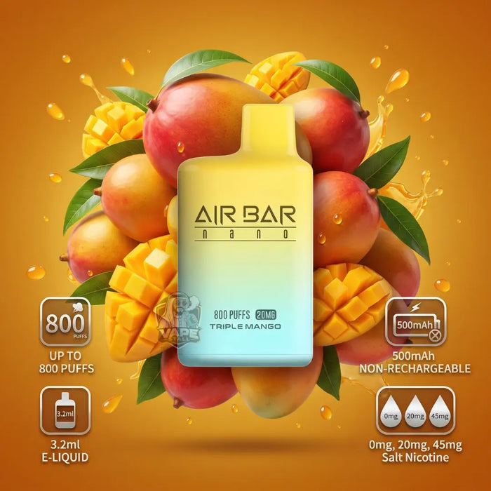 An AIR BAR triple mango e-liquid vape device centered against a vibrant orange background, surrounded by fresh mangoes and leaves. The device features a yellow-to-light-blue gradient body with black text.