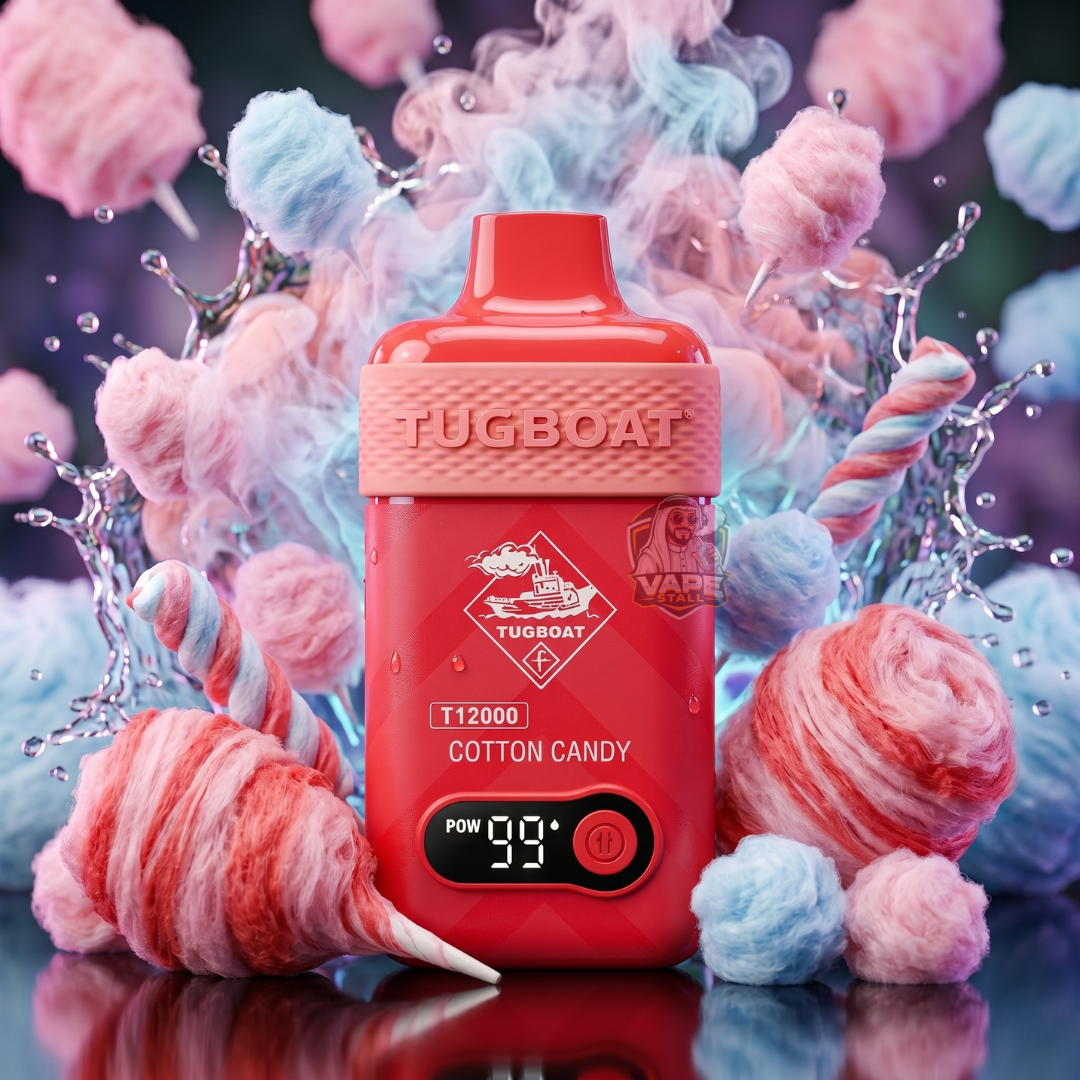 TugboatT12000puffs50MGCottonCandy, Red vape device with 'Tugboat' branding surrounded by cotton candy-themed elements.