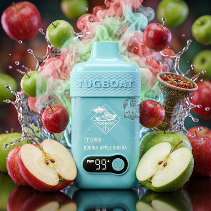 TugboatT12000puffs50MGDoubleAppleShisha, Turquoise vape device with 'Tugboat' branding surrounded by apples and colorful smoke.