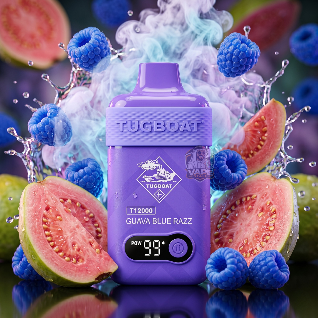 TugboatT12000puffs50MGGuavaBlueRazz, Purple vape device with 'Tugboat' branding surrounded by guava, blue razz, and watermelon slices.