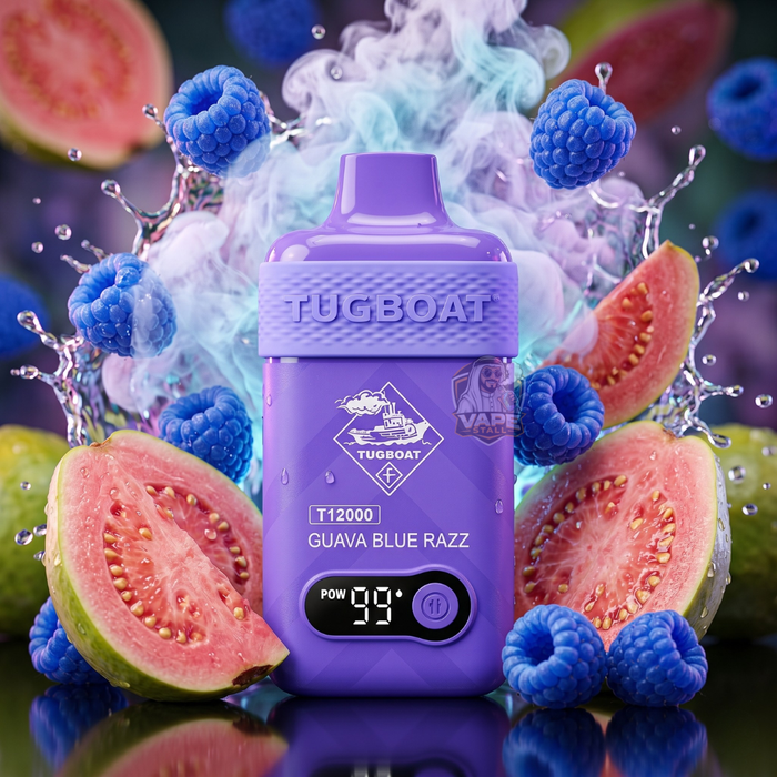 TugboatT12000puffs50MGGuavaBlueRazz, Purple vape device with 'Tugboat' branding surrounded by guava, blue razz, and watermelon slices.