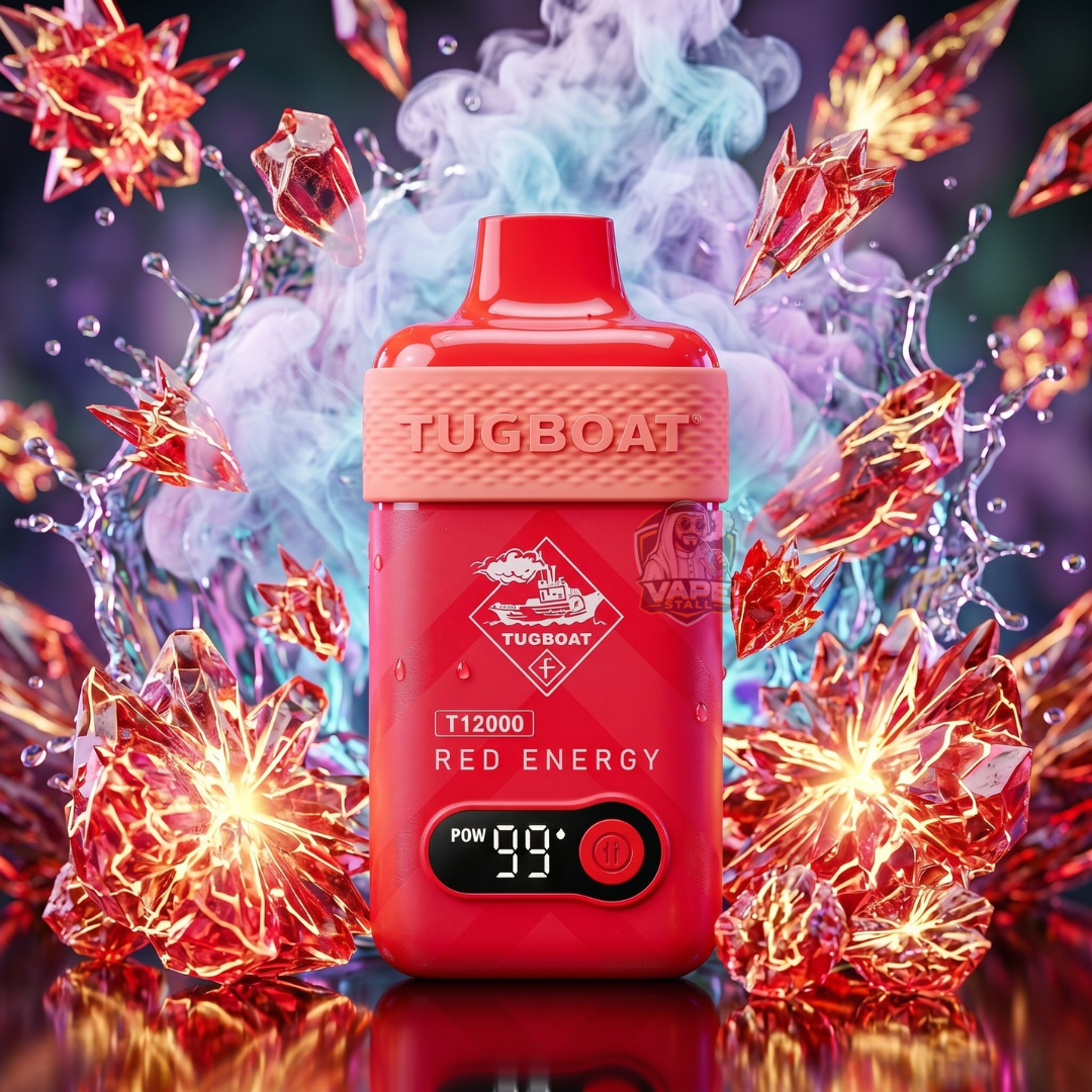 TugboatT12000puffs50MGRedEnergy, Red vape device with 'Tugboat' branding amidst colorful smoke and crystals