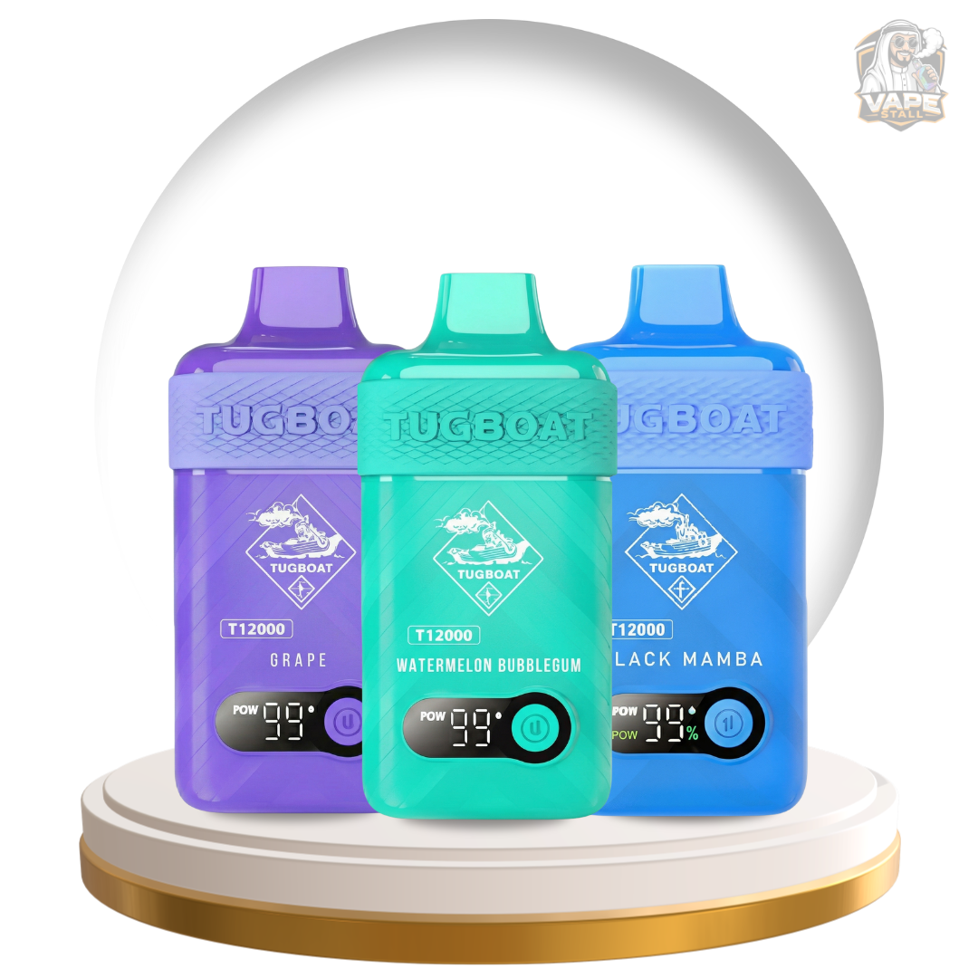 Buy Tugboat T12000 puff 50mg Disposable Vape in UAE, Three vape devices in purple, green, and blue with digital displays inside a transparent dome.