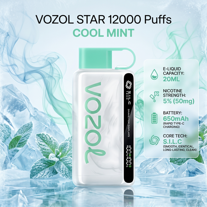 Vozol Star 12000 Puffs Cool Mint e-liquid vape device shown on a stylized icy background with mint leaves and text detailing product specs.