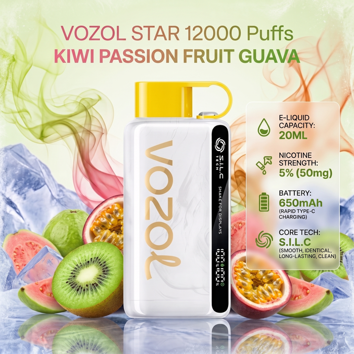 Vozol Star 12000 puffs e-liquid bottle in Kiwi Passion Fruit Guava flavor, featuring a white marble-textured body with a yellow mouthpiece and gold Vozol branding. The bottle is surrounded by fresh kiwi slices, passion fruit, watermelon, and ice cubes, with green and pink vapor swirls in the background.