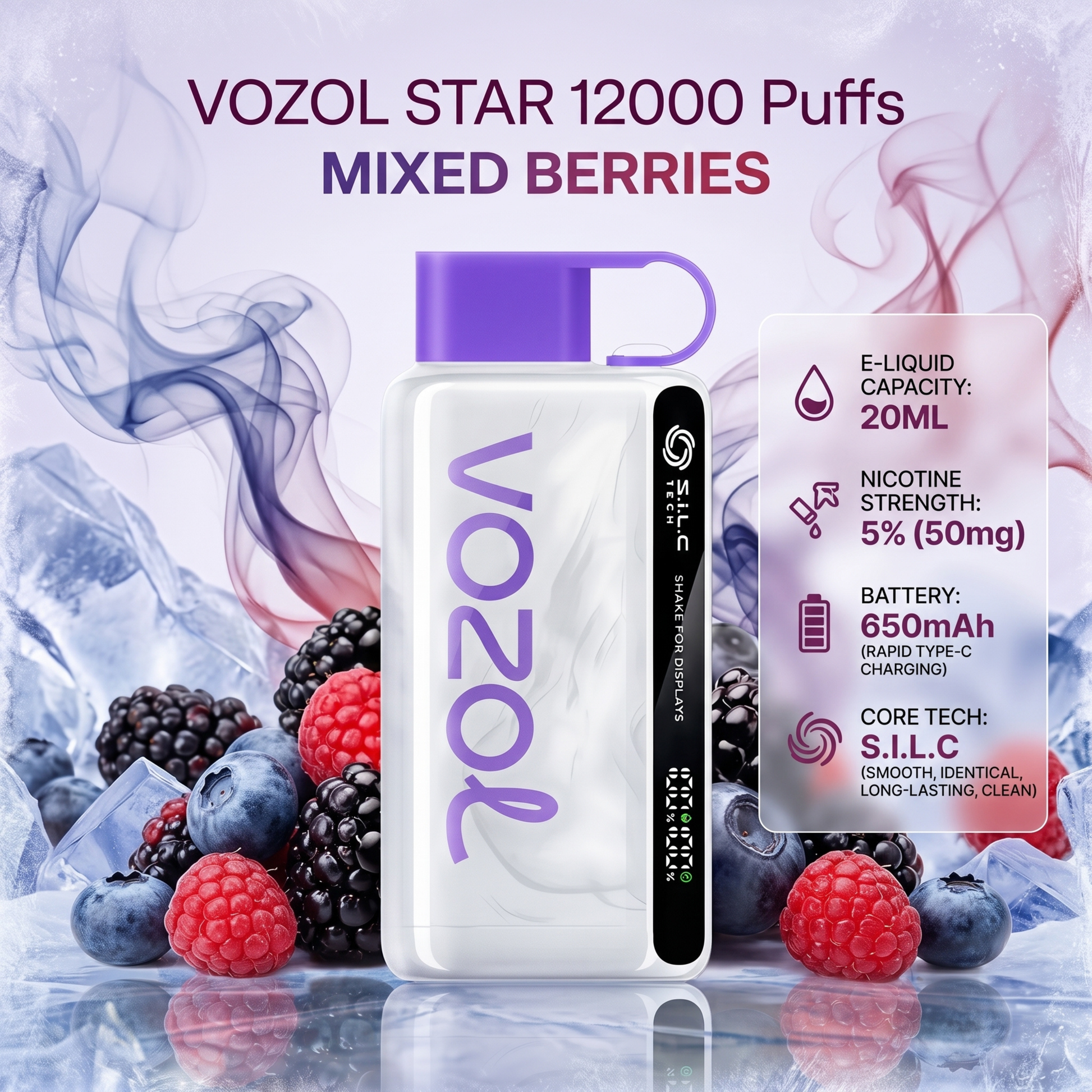 Vozol Star 12000 Puffs Mixed Berries e-liquid battery pack shown with berries and ice graphics, alongside product specifications on a translucent card.