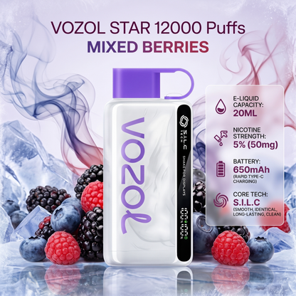 Vozol Star 12000 Puffs Mixed Berries e-liquid battery pack shown with berries and ice graphics, alongside product specifications on a translucent card.