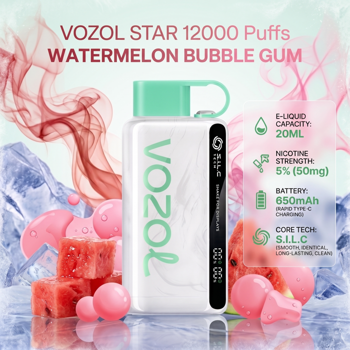 VOZOL Star 12000 puffs watermelon bubble gum e-liquid battery pack, featuring a white body with a mint green cap and a black digital display screen, surrounded by watermelon slices, pink bubble gummies, and ice cubes with graphic text detailing its specifications.