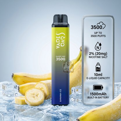 VapesBarsGhostPro3500Puffs20MGBananaIce, Vapes Bar vape device with banana ice flavor on a blue background