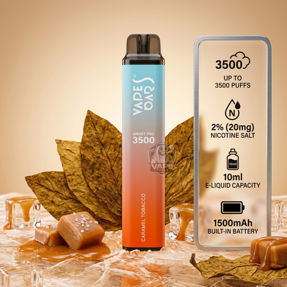 VapesBarsGhostPro3500Puffs20MGCaramelTobacco, Vape device with caramel flavor and product details on a decorative background