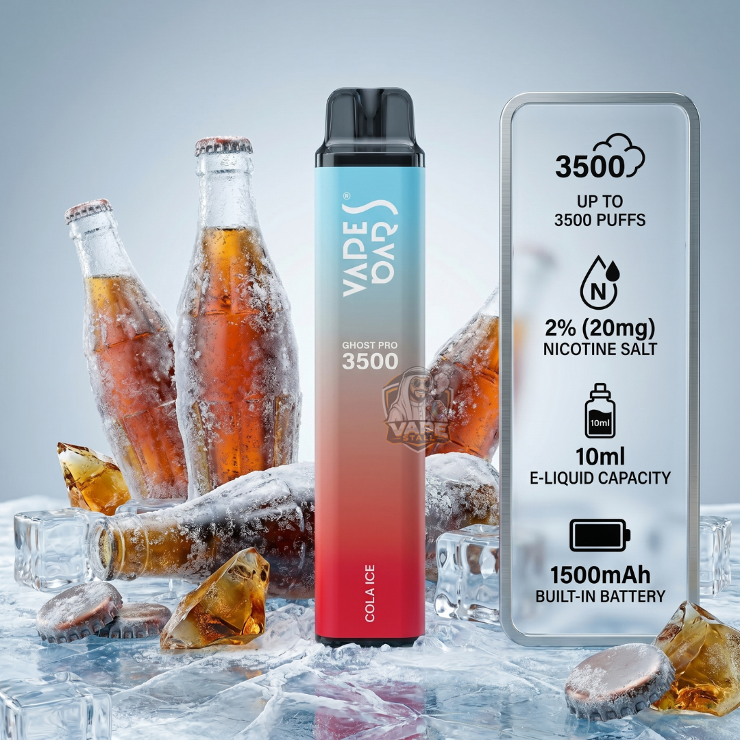 VapesBarsGhostPro3500Puffs20MGColaIce, Vape device with cola ice flavor packaging and ice cubes in the background