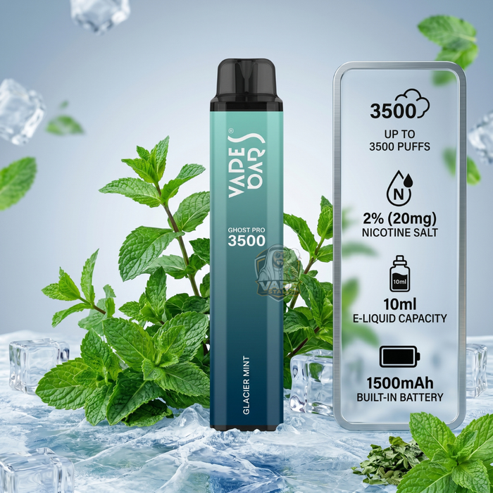 VapesBarsGhostPro3500Puffs20MGMint, Vape device with 'VADE OAR' branding on a background of ice and mint leaves