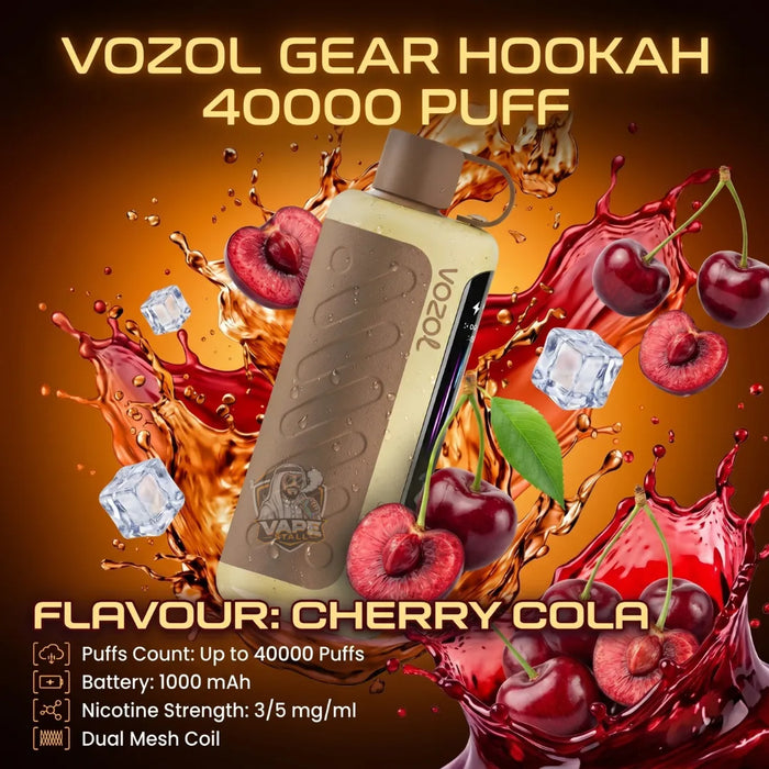 Vozol Gear Hookah 40000 Puff disposable vape device in Cherry Cola flavor, shown against a dynamic background of cherry slices, ice cubes, and red liquid splashes. The product features a beige body with a brown grip and a black mouthpiece.
