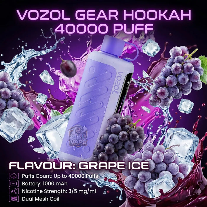 Vozol Gear Hookah 40000 Puff disposable hookah system in Grape Ice flavor, shown in a dynamic promotional graphic with grape clusters, ice cubes, and purple liquid splashes.