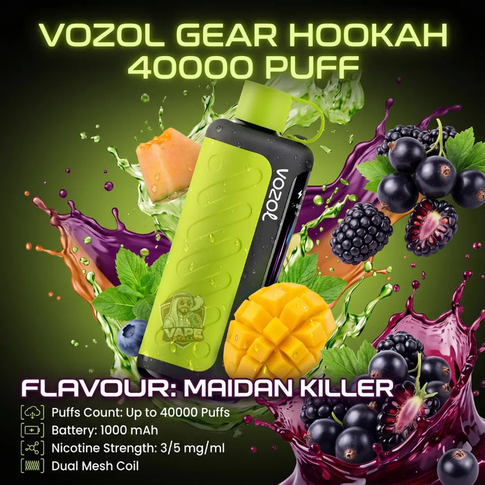 Vozol Gear Hookah 40000 Puff disposable hookah device in green and black, surrounded by fruit and colorful drink splashes on a dark green background. Text reads 'VOZOL GEAR HOOKAH 40000 PUFF' and 'FLAVOUR: MAIDAN KILLER'.