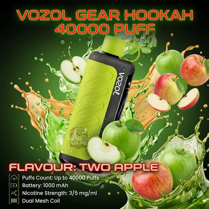 Vozol Gear Hookah 40000 Puff disposable vape device in lime green and black, surrounded by fresh apple slices and green apple graphics with a dark green background and orange liquid splash. Text overlays read 'VOZOL GEAR HOOKAH 40000 PUFF' and 'FLAVOUR: TWO APPLE'.