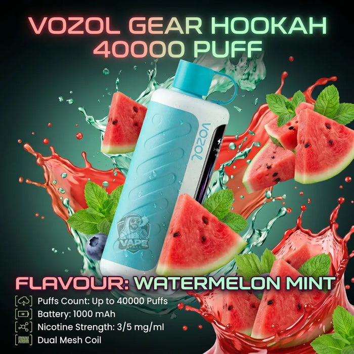 A Vozol Gear Hookah vape device in watermelon mint flavor, shown with watermelon slices, mint leaves, and red splash graphics on a dark background. Text highlights 40000 puffs, 1000 mAh battery, 3/5 mg/ml nicotine strength, and dual mesh coil.