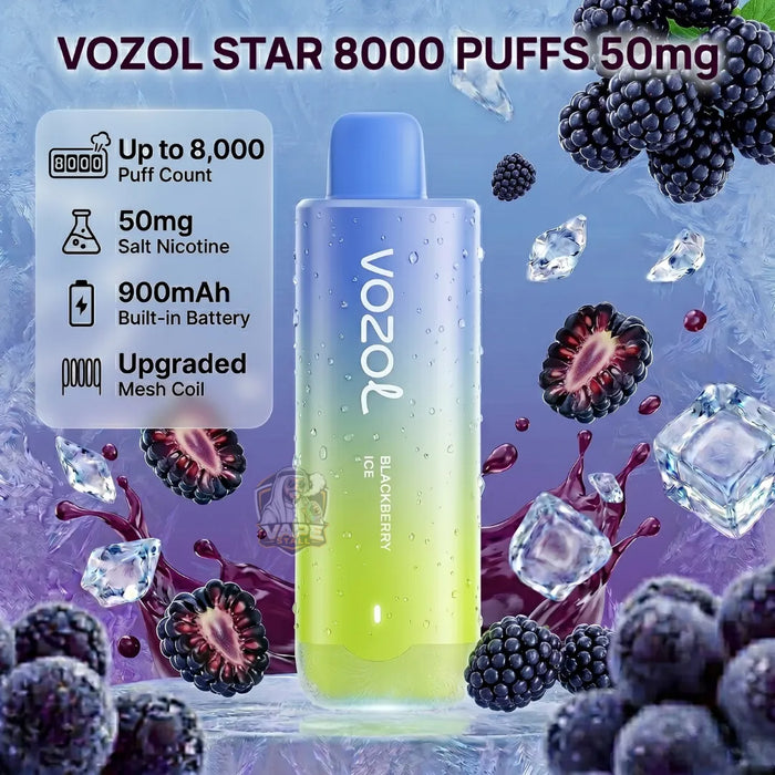 A Vozol Star 8000 Puffs 50mg disposable vape device with a blue-to-yellow gradient body and a light blue cap, set against a purple and blue background with blackberries, ice cubes, and a feature list graphic.