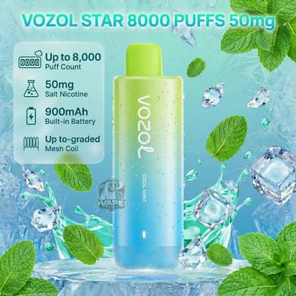 Vozol Star 8000 Puffs 50mg disposable vape device in a cool mint gradient design, surrounded by ice cubes, water splashes, and fresh mint leaves. The image features a product specification callout on the left and a Vozol logo watermark.