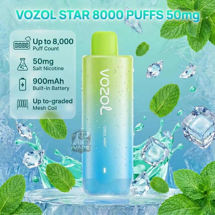 Vozol Star 8000 Puffs 50mg disposable vape device in a cool mint gradient design, surrounded by ice cubes, water splashes, and fresh mint leaves. The image features a product specification callout on the left and a Vozol logo watermark.