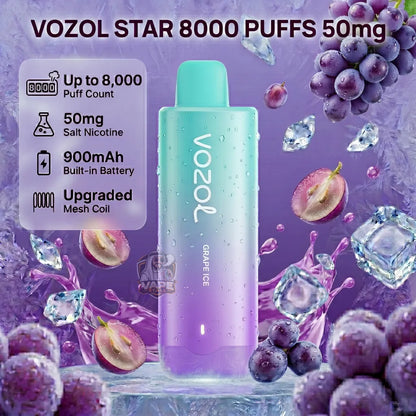 Vozol Star 8000 Puffs 50mg disposable vape device in Grape Ice flavor, featuring a mint green to purple gradient body with water droplets, surrounded by grape imagery and ice cubes on a purple background.
