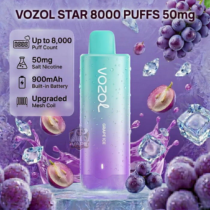 Vozol Star 8000 Puffs 50mg disposable vape device in Grape Ice flavor, featuring a mint green to purple gradient body with water droplets, surrounded by grape imagery and ice cubes on a purple background.