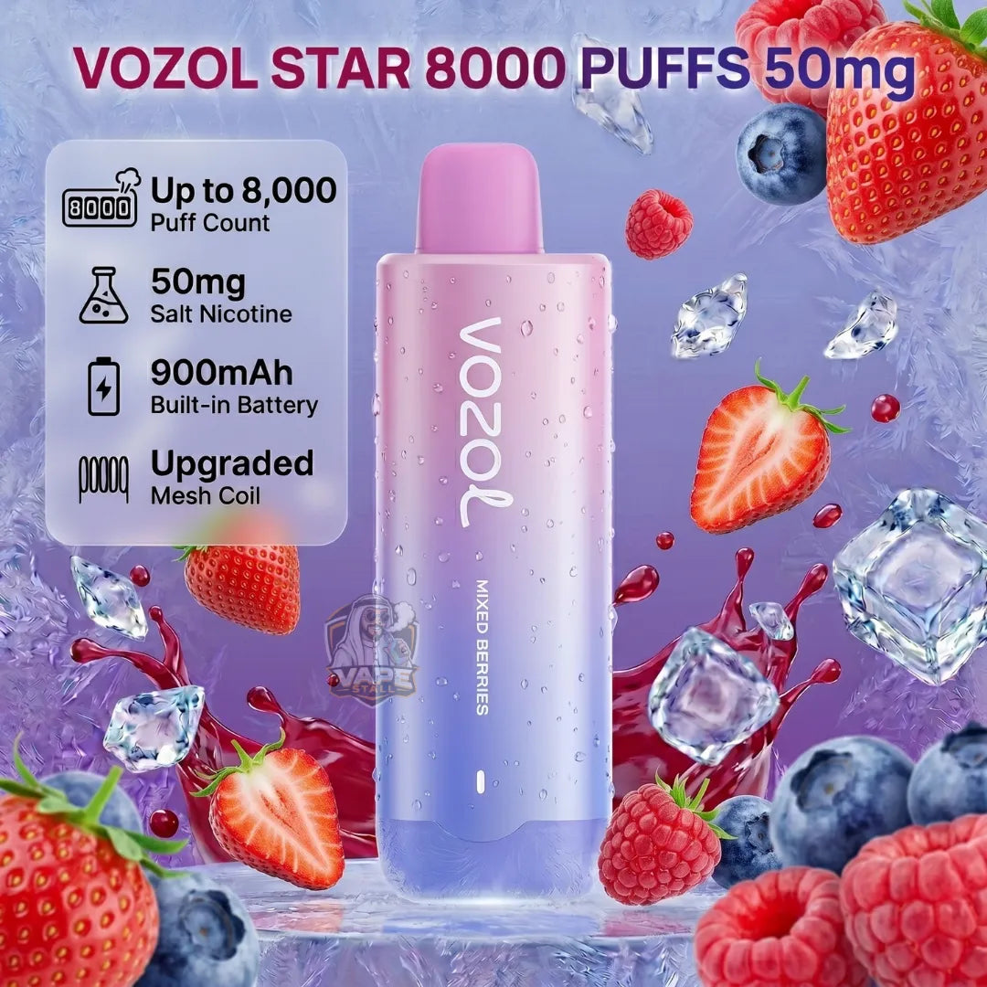 A Vozol disposable vape device in a pink-to-purple gradient, surrounded by fresh strawberries, raspberries, blueberries, ice cubes, and liquid splashes on a purple background. Text on the left highlights features like up to 8,000 puffs, 50mg salt nicotine, 900mAh battery, and an upgraded mesh coil.