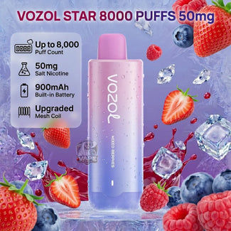 A Vozol disposable vape device in a pink-to-purple gradient, surrounded by fresh strawberries, raspberries, blueberries, ice cubes, and liquid splashes on a purple background. Text on the left highlights features like up to 8,000 puffs, 50mg salt nicotine, 900mAh battery, and an upgraded mesh coil.