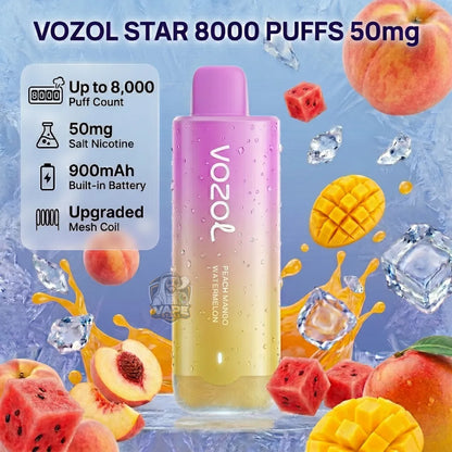 Vozol Star 8000 Puffs 50mg disposable vape device in a pink-to-yellow gradient, surrounded by watermelon, peach, and mango slices, ice cubes, and syrup splashes on a blue background. Features a white informational overlay detailing product specs.