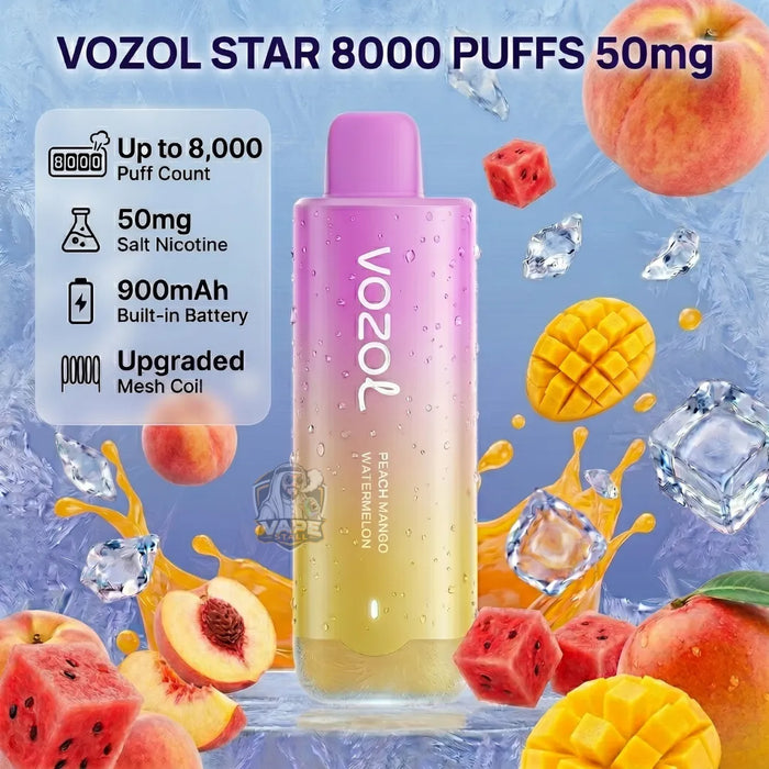 Vozol Star 8000 Puffs 50mg disposable vape device in a pink-to-yellow gradient, surrounded by watermelon, peach, and mango slices, ice cubes, and syrup splashes on a blue background. Features a white informational overlay detailing product specs.