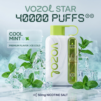 VOZOL Star vape device with cool mint flavor and 40,000 puffs on a light blue background.