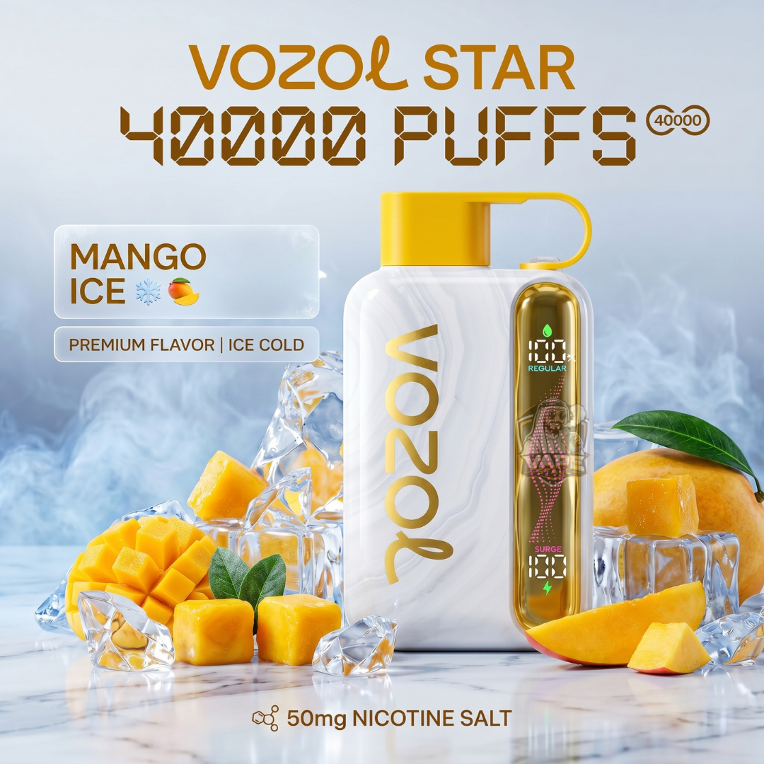 Vozolstar40000puffs50mgMangoIce, VOZOL Star vape device with mango ice flavor on a light blue background