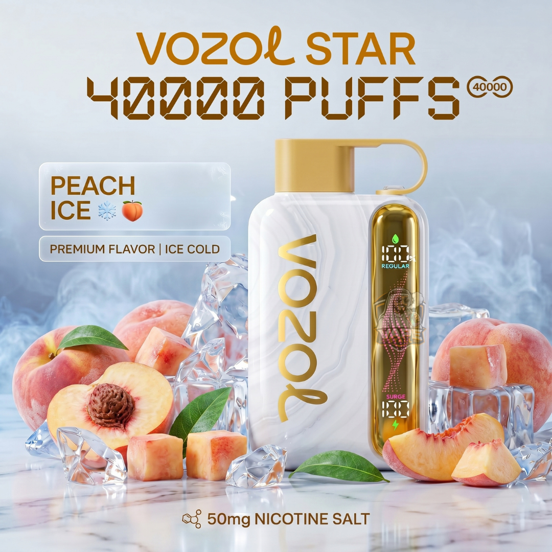 Vozolstar40000puffs50mgPeachIce, VOZOL Star vape device with peach ice flavor on a light background