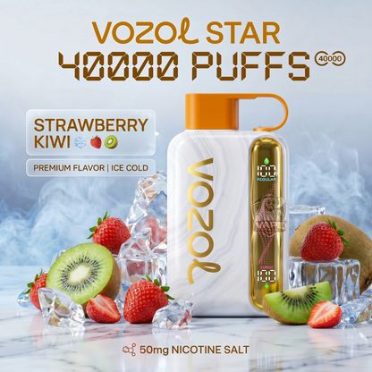 Vozolstar40000puffs50mgStrawberryKiwi, VOZOL Star vape device with strawberry kiwi flavor on a cold-themed background