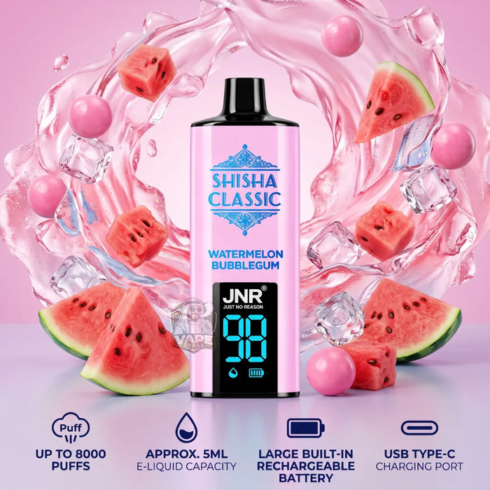 A pink JNR Shisha Classic Watermelon Bubblegum e-liquid bottle is centered against a pink splash background with watermelon slices and ice cubes. Infographic text at the bottom highlights up to 8000 puffs, 5.