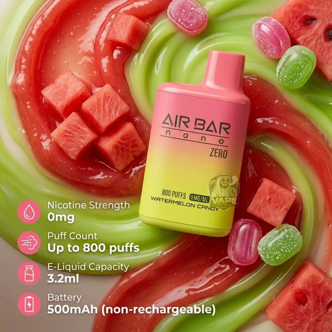 A pink-to-yellow AIR BAR nano Zero e-liquid bottle labeled Watermelon Candy, placed on a swirl of red and green watermelon-flavored liquid with watermelon cubes and candy pieces. Infographic text on the left lists nicotine strength, puff count, e-liquid capacity, and battery details.