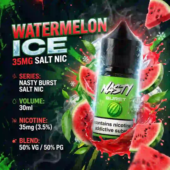 A bottle of watermelon ice e-liquid by Nasti Burst Salt Nic, surrounded by watermelon slices and a splash graphic on a dark background with product details listed on the left.