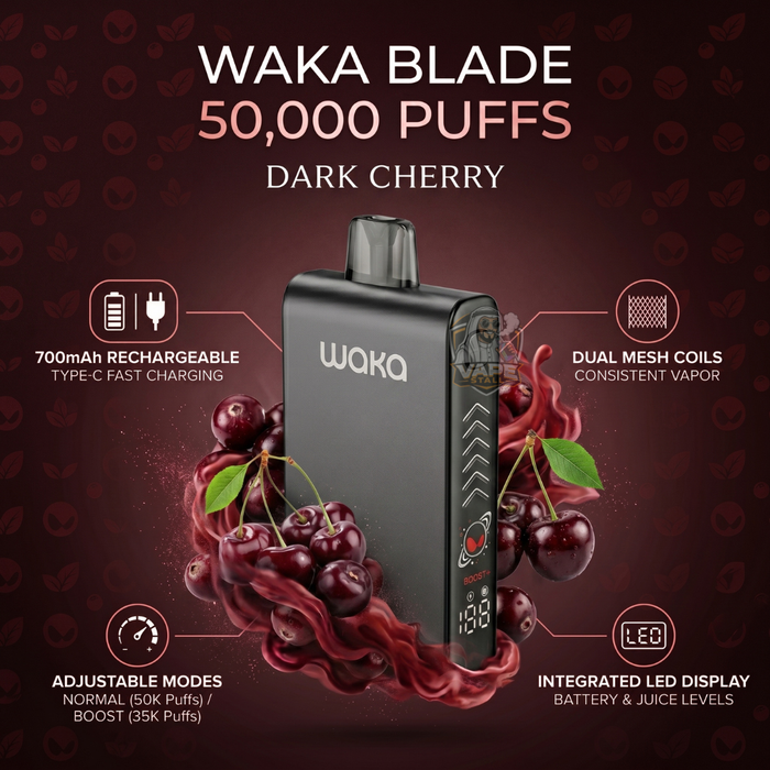 Wakablade50000puffs20mgDarkCherry, Waka Blade vape device with dark cherry flavor on a dark background