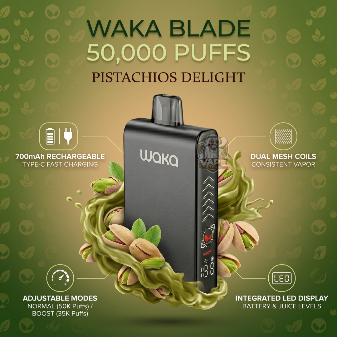 Wakablade50000puffs20mgPistachiosDelight, Waka Blade vaping device with pistachios on a green background