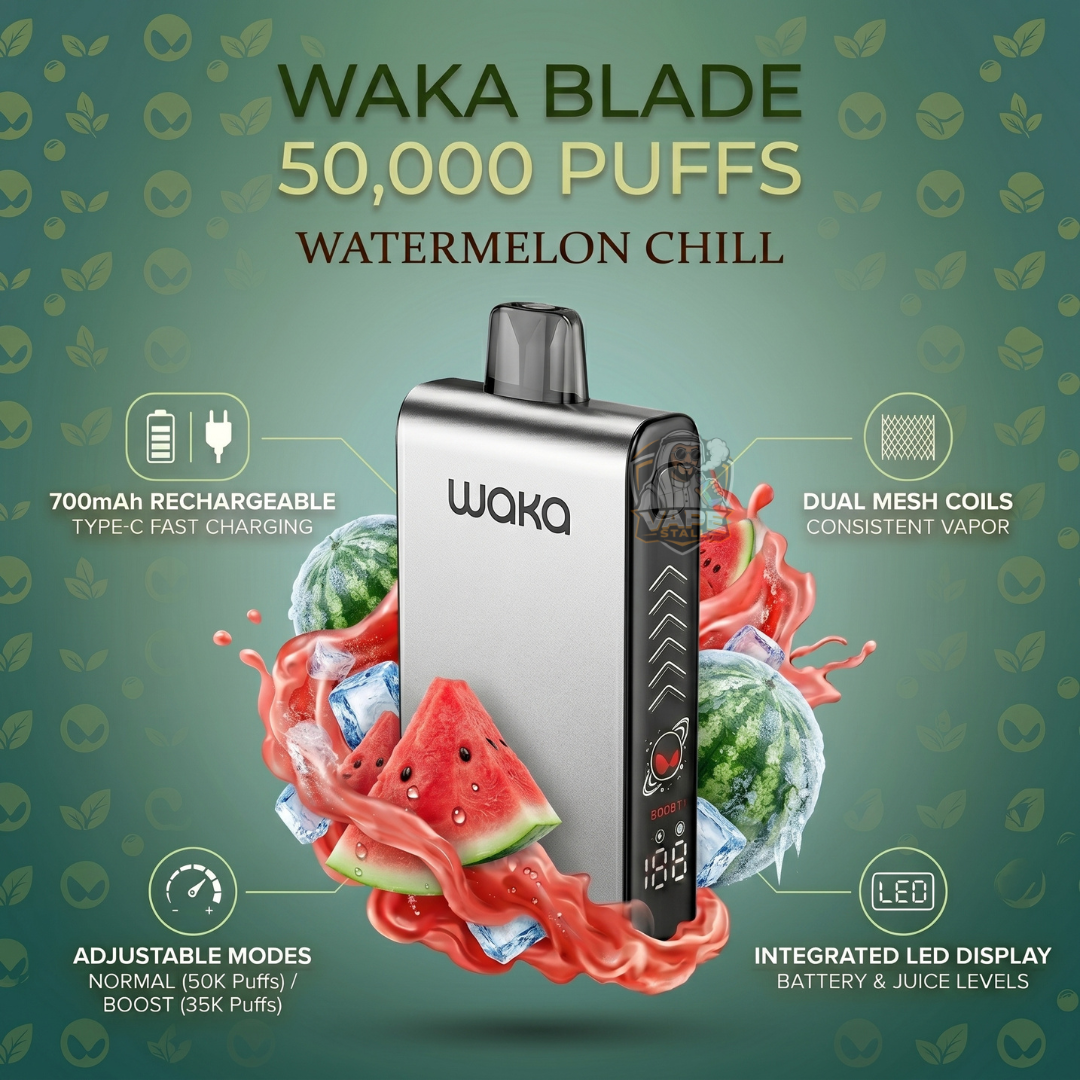 Wakablade50000puffs20mgSakuraGrape, Waka Blade vape device with watermelon flavor on a green background