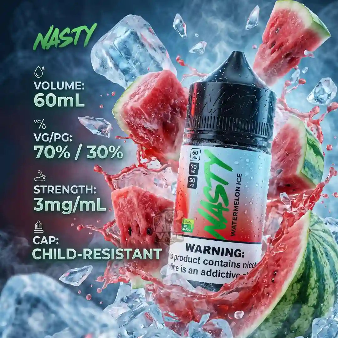 A bottle of NASTY Watermelon Ice e-liquid is shown in a dynamic graphic composition with watermelon slices, ice cubes, and red liquid splashes. The left side features green text detailing product specifications: 60mL volume, 70%/30% VC/PG ratio, 3mg/mL strength, and child-resistant cap.
