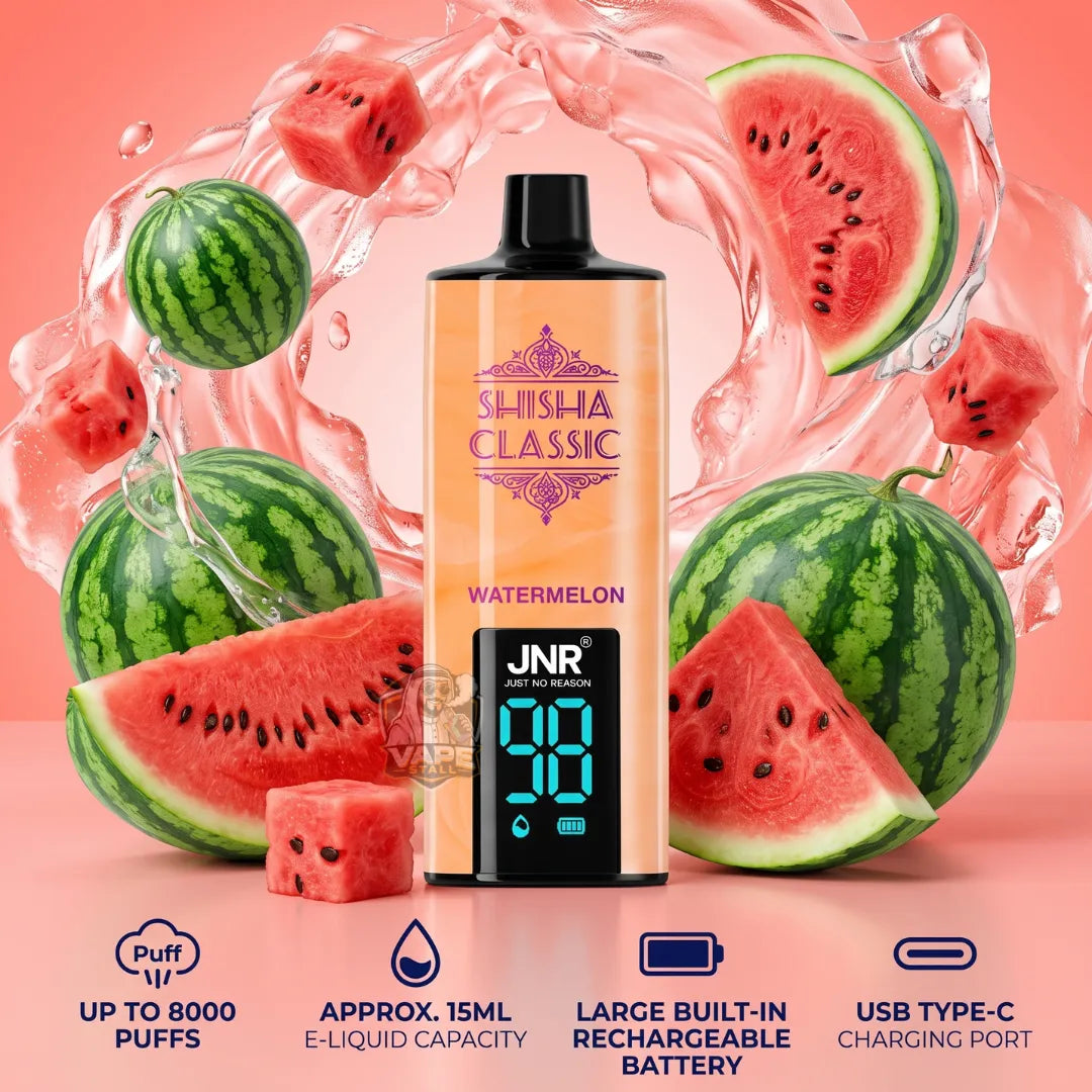 A JNR Shisha Classic Watermelon e-liquid bottle with a black cap and a peach-colored label, surrounded by fresh watermelons and water splashes on a pink background. Infographic text at the bottom lists product features like up to 8000 puffs, 15ml e-liquid capacity, large built-in rechargeable battery, and USB Type-C charging port.